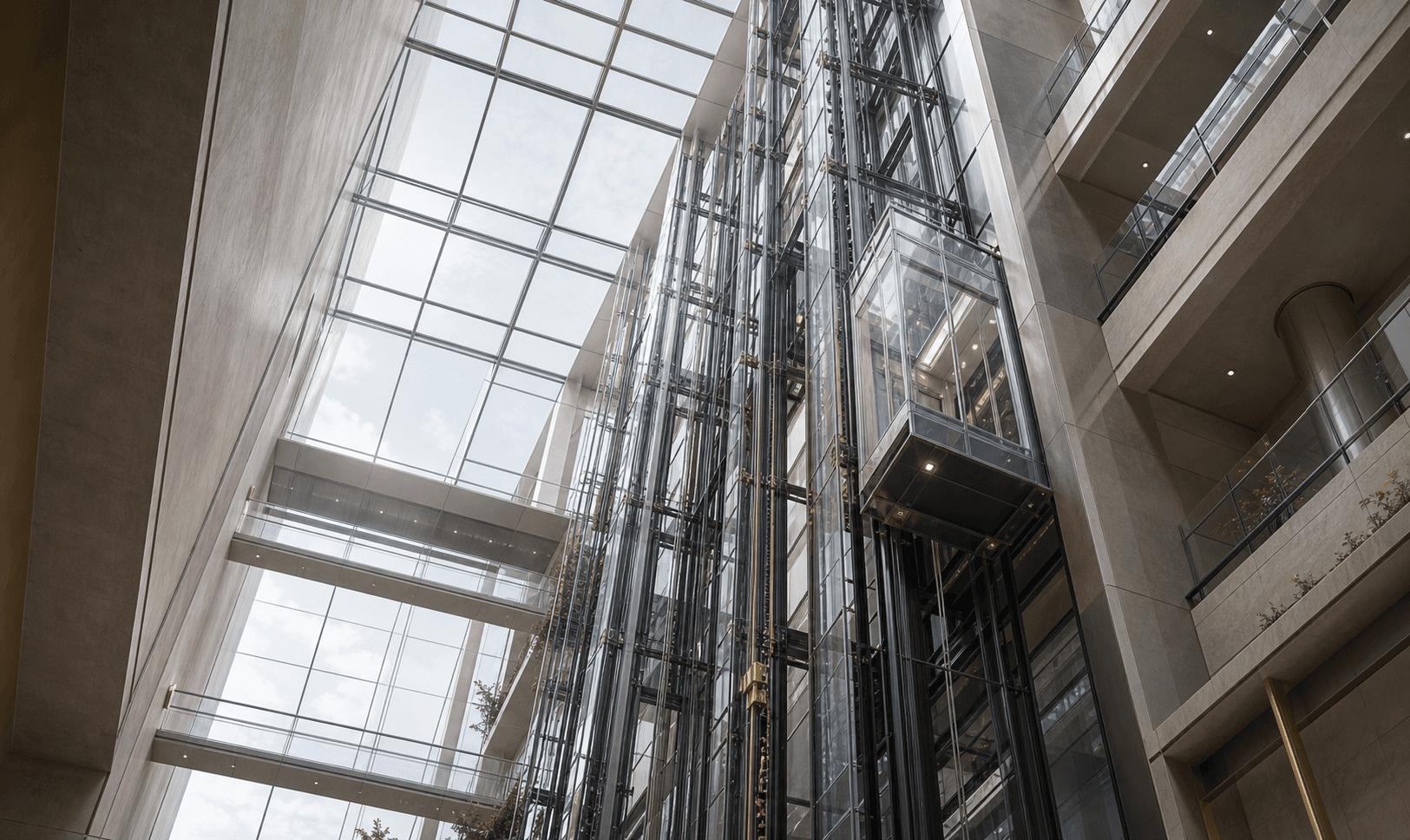 Concept visualization of a glass elevator in a multi-level atrium