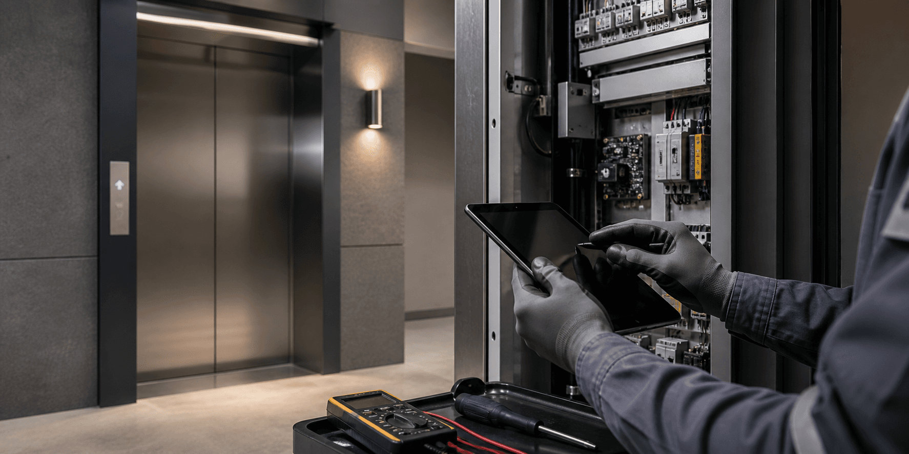 Original concept visualization of an elevator technician inspecting a control cabinet with diagnostic tools