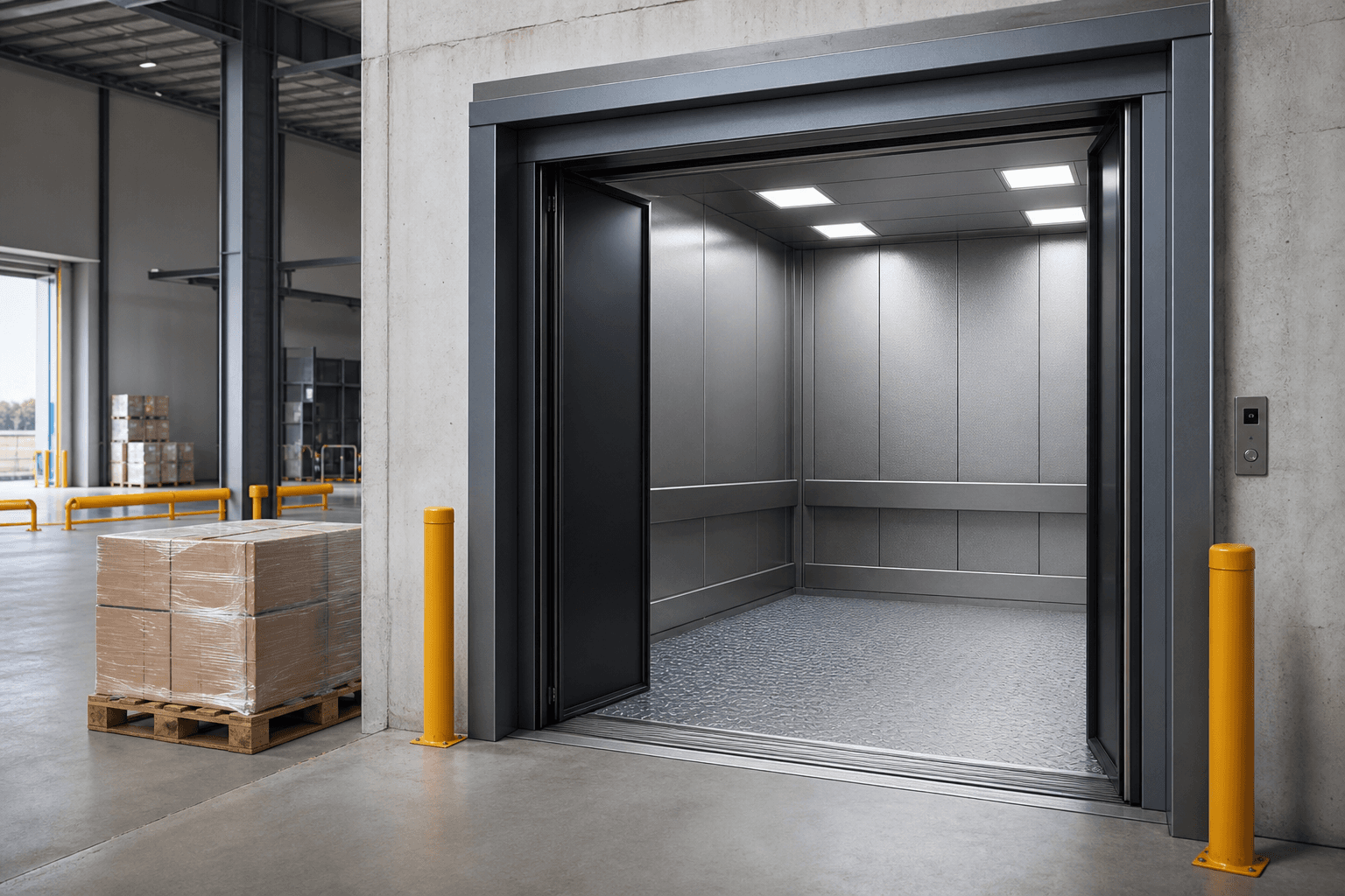 Concept visualization of a freight elevator in a modern logistics facility