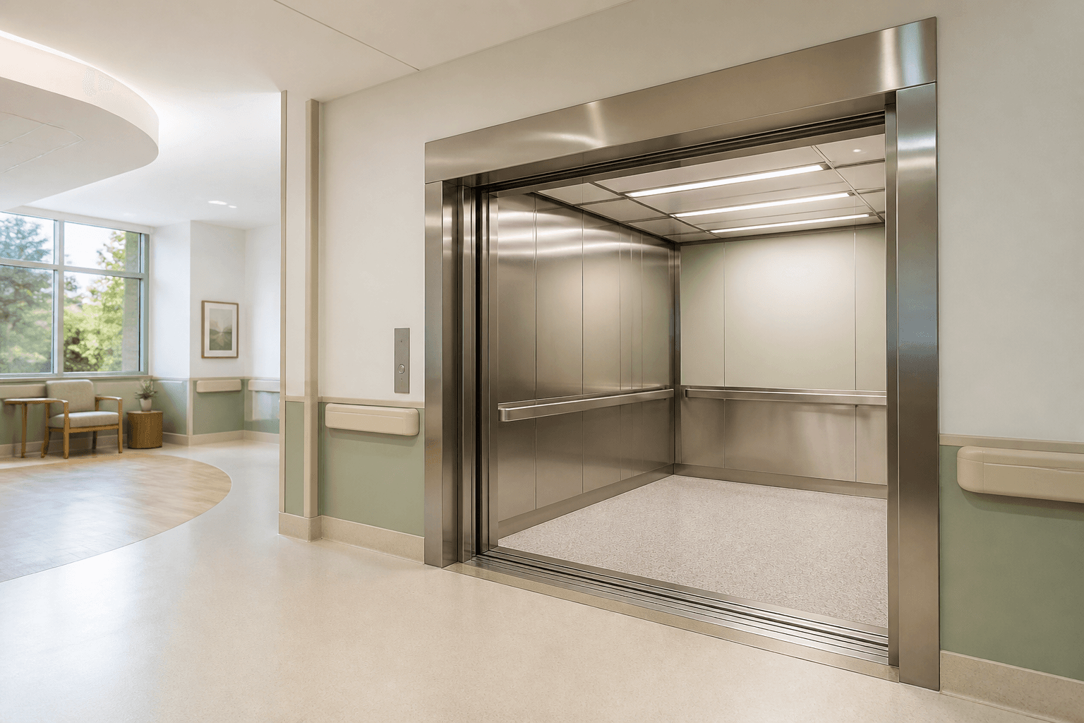 Concept visualization of a hospital elevator in a contemporary healthcare corridor