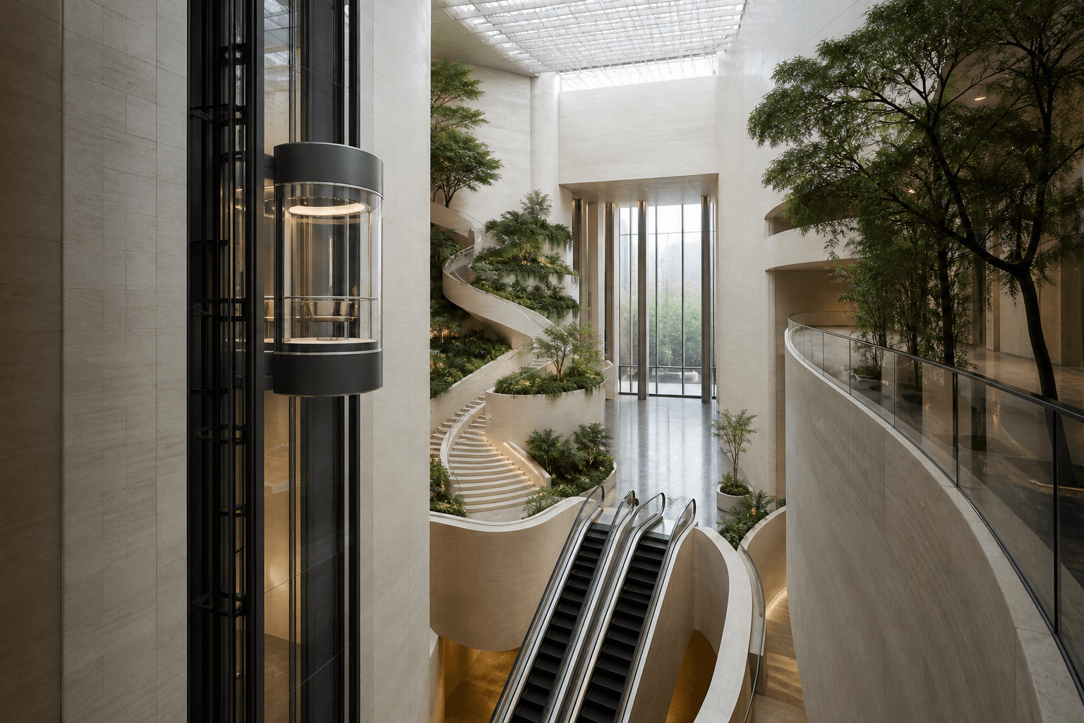 Original concept study of a planted civic atrium with panoramic elevator and escalators