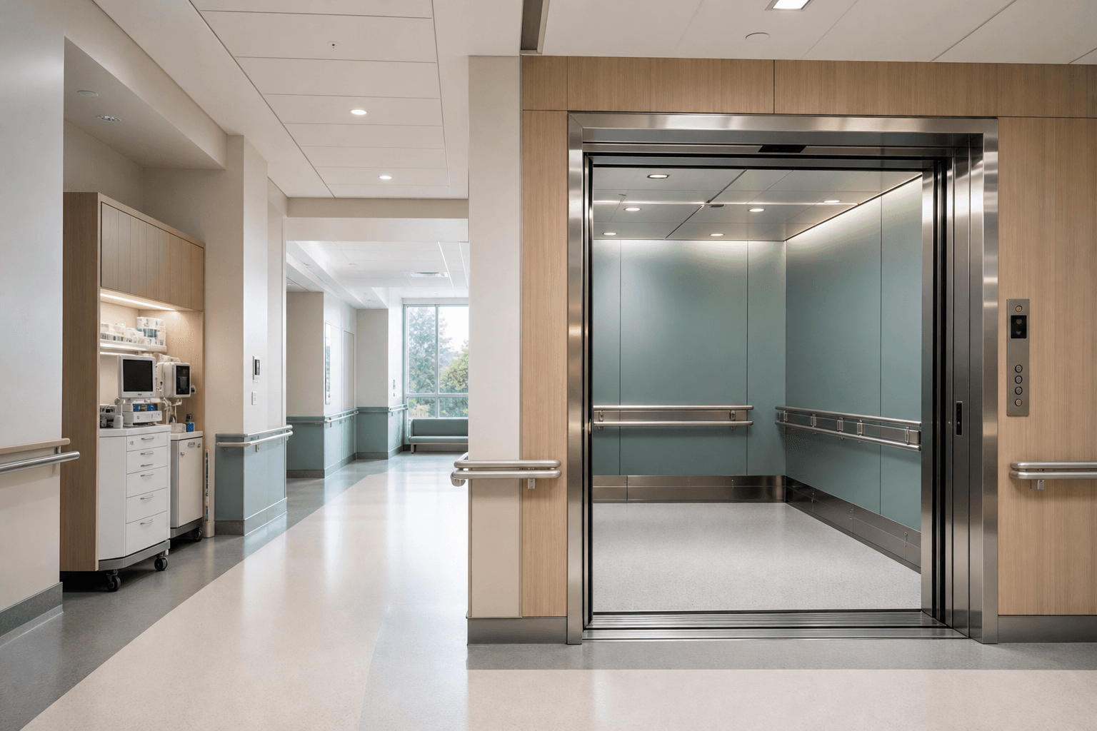 Original concept study of a hospital transfer lobby with a wide elevator cabin