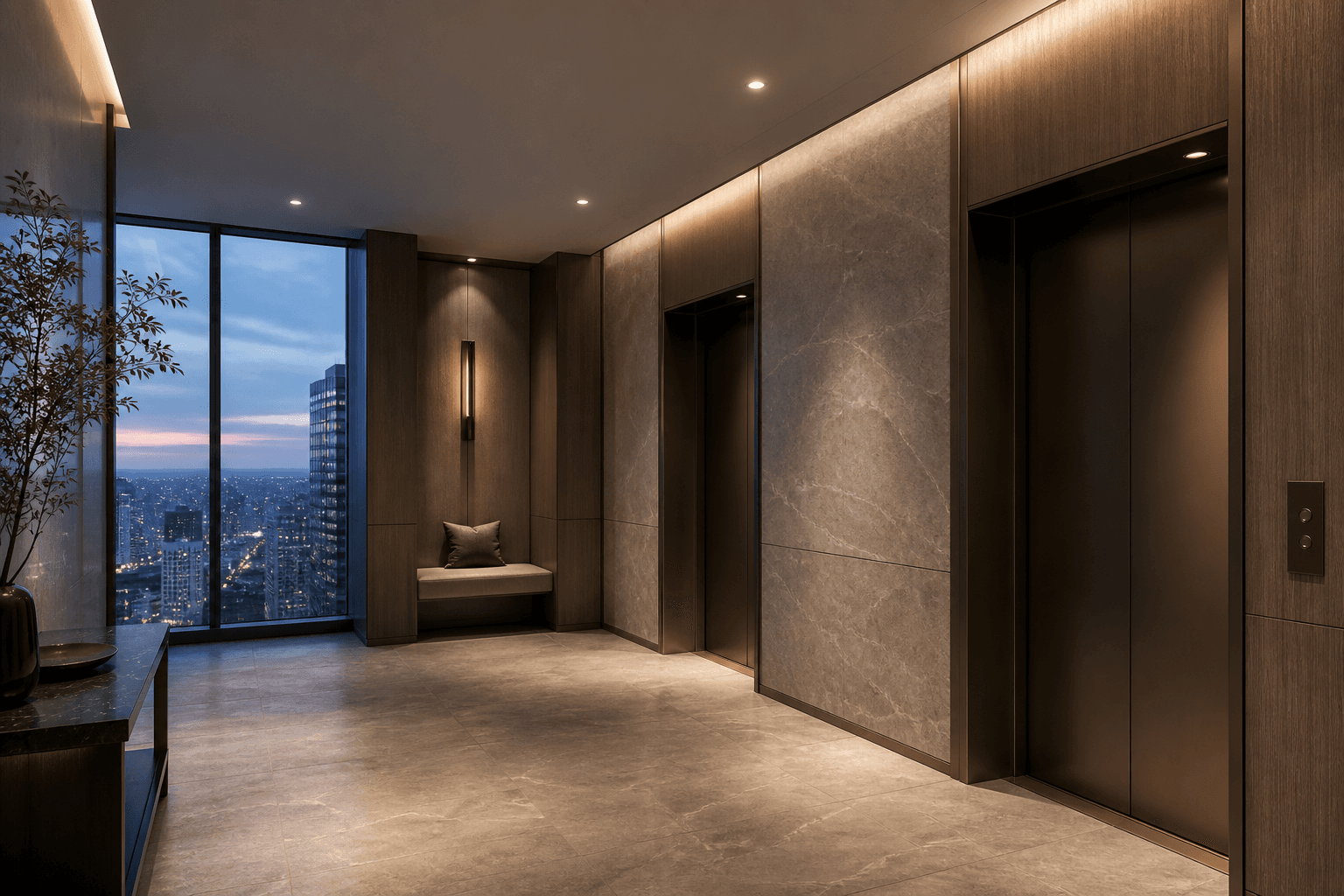 Original concept study of a high-rise residential sky lobby with two passenger elevators
