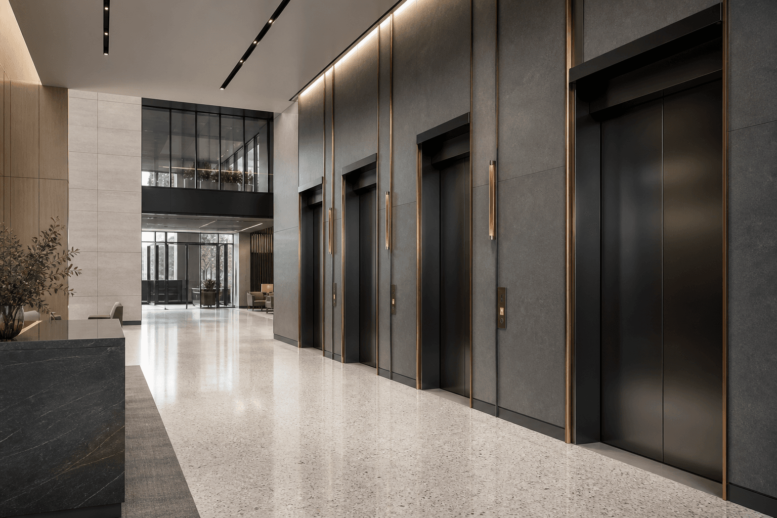 Concept visualization of a coordinated commercial elevator bank