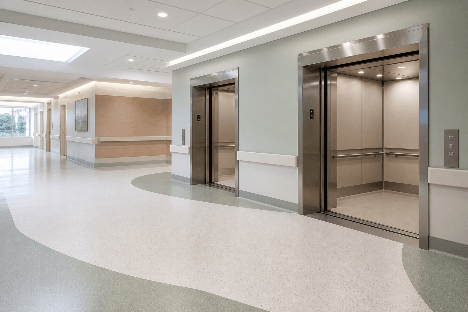 Concept visualization of wide hospital elevators beside a clinical circulation route