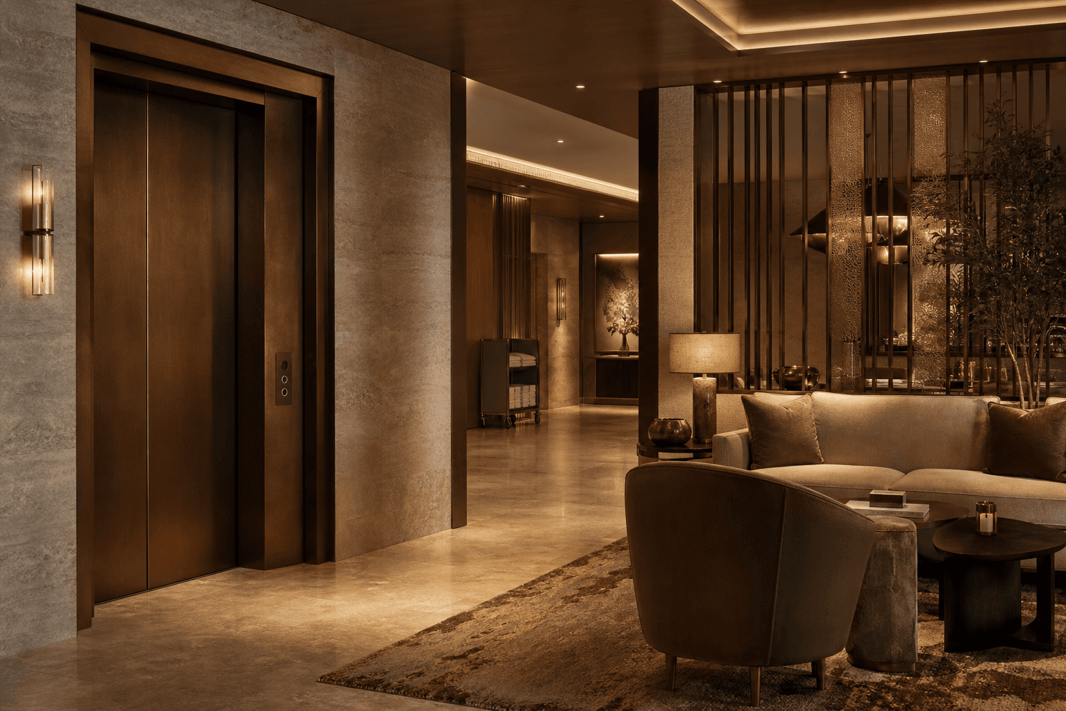Concept visualization of an elevator entrance within a warm hotel guest lobby