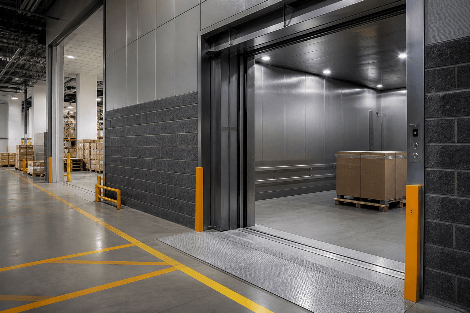 Concept visualization of a freight elevator aligned with an industrial logistics route